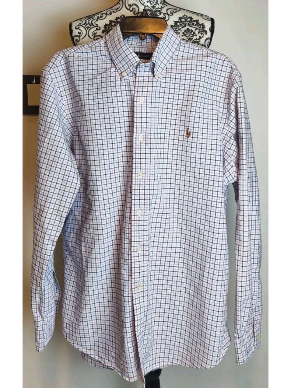 Ralph Lauren Men XL Button Down Shirt Pink Blue Plaid Check Long Sleeve Cotton